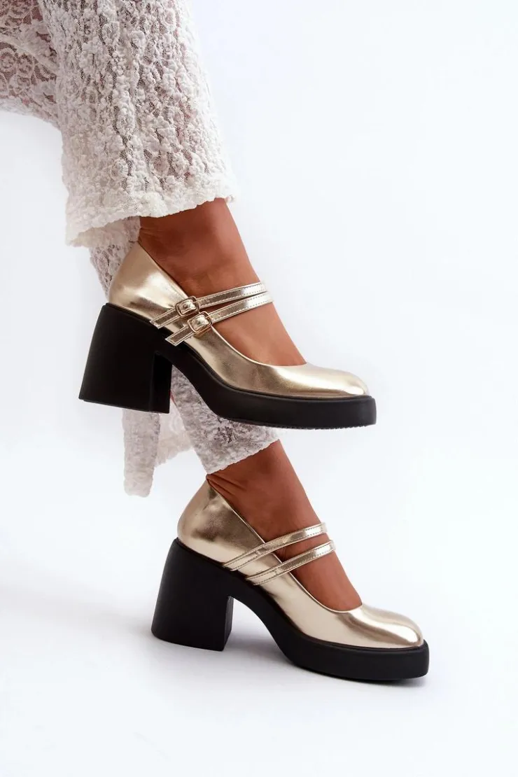 Damskie Boto Eko Skórzane Czółenka Na Masywnym Obcasie Złote Halmina