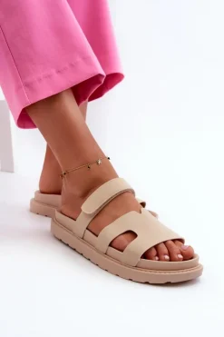 Damskie Boto Eko Skórzane Klapki Damskie Na Rzep Jasnobeżowe Silaka