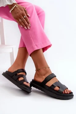 Boto Eko Skórzane Klapki Damskie Na Rzep Czarne Silaka