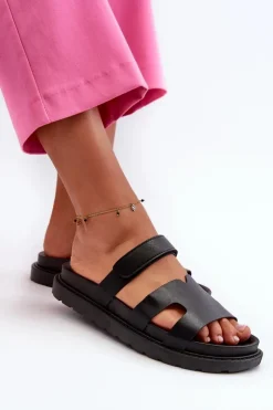 Boto Eko Skórzane Klapki Damskie Na Rzep Czarne Silaka