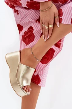 Damskie Boto Eko Skórzane Klapki Damskie Na Platformie I Koturnie Złote Kisoffi