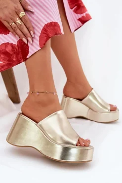 Damskie Boto Eko Skórzane Klapki Damskie Na Platformie I Koturnie Złote Kisoffi