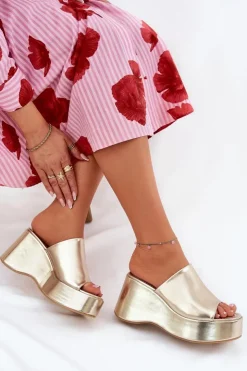 Damskie Boto Eko Skórzane Klapki Damskie Na Platformie I Koturnie Złote Kisoffi