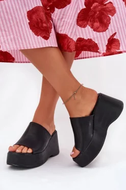 Outlet Boto Eko Skórzane Klapki Damskie Na Platformie I Koturnie Czarne Kisoffi