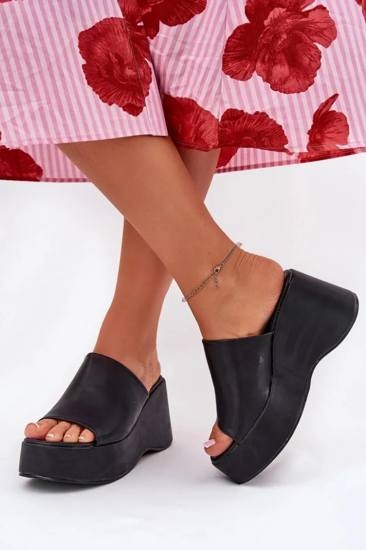 Outlet Boto Eko Skórzane Klapki Damskie Na Platformie I Koturnie Czarne Kisoffi