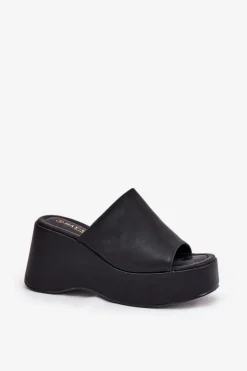 Outlet Boto Eko Skórzane Klapki Damskie Na Platformie I Koturnie Czarne Kisoffi