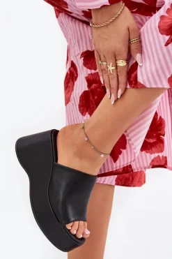 Outlet Boto Eko Skórzane Klapki Damskie Na Platformie I Koturnie Czarne Kisoffi