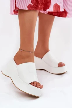 Boto Klapki Na Koturnie|Klapki Na Platformie*Eko Skórzane Klapki Damskie Na Platformie I Koturnie Białe Kisoffi Biały