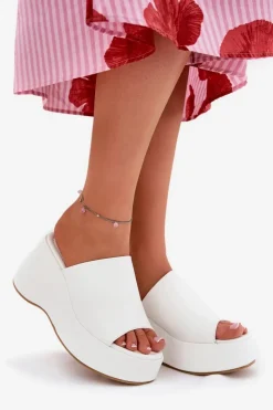 Boto Klapki Na Koturnie|Klapki Na Platformie*Eko Skórzane Klapki Damskie Na Platformie I Koturnie Białe Kisoffi Biały