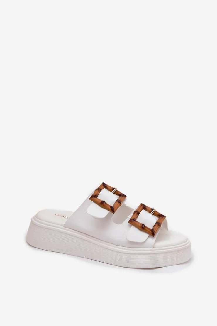 Boto Klapki Na Platformie|Klapki Damskie Klasyczne*Eko Skórzane Klapki Damskie Na Platformie Z Klamrami Białe Xanivia