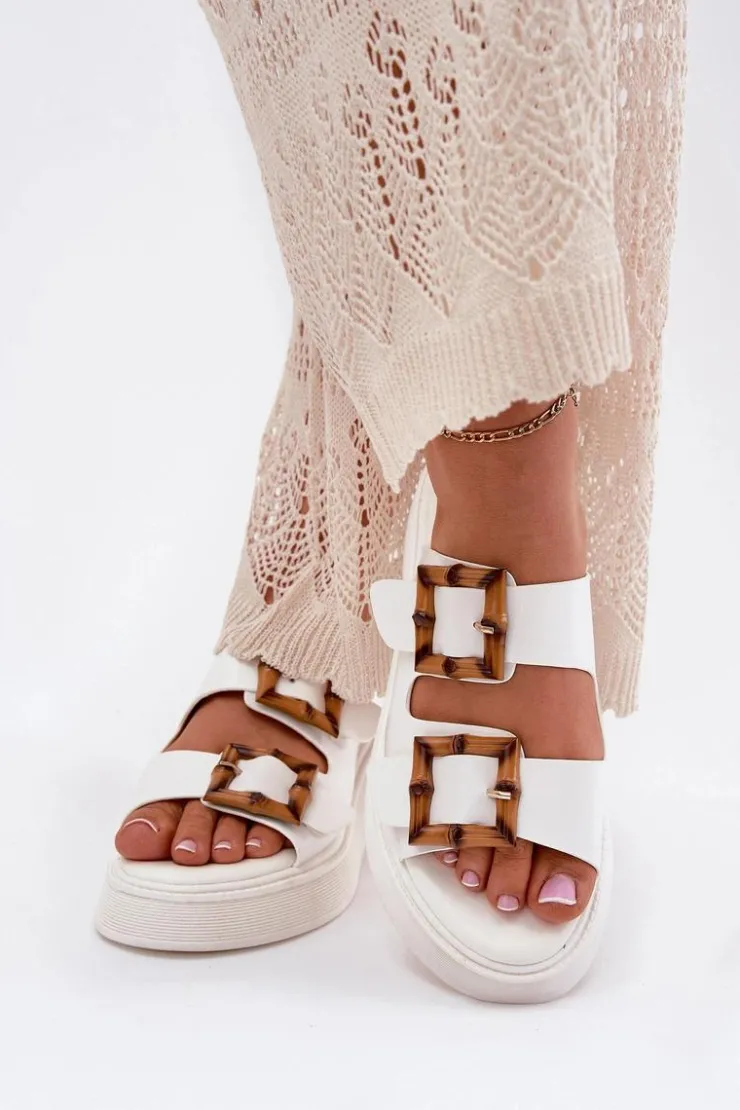 Boto Klapki Na Platformie|Klapki Damskie Klasyczne*Eko Skórzane Klapki Damskie Na Platformie Z Klamrami Białe Xanivia