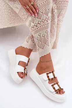 Boto Klapki Na Platformie|Klapki Damskie Klasyczne*Eko Skórzane Klapki Damskie Na Platformie Z Klamrami Białe Xanivia