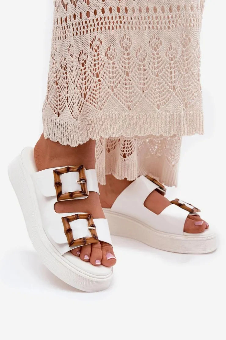 Boto Klapki Na Platformie|Klapki Damskie Klasyczne*Eko Skórzane Klapki Damskie Na Platformie Z Klamrami Białe Xanivia