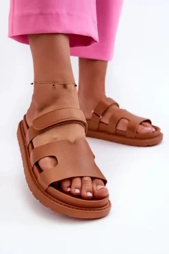 Boto Klapki Na Platformie|Klapki Damskie Klasyczne*Eko Skórzane Klapki Damskie Na Rzep Camel Silaka