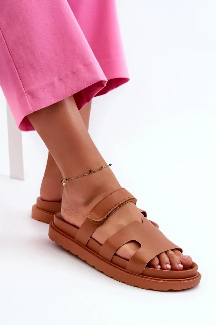 Boto Klapki Na Platformie|Klapki Damskie Klasyczne*Eko Skórzane Klapki Damskie Na Rzep Camel Silaka