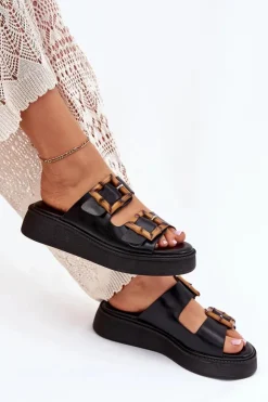 Boto Klapki Na Platformie|Klapki Damskie Klasyczne*Eko Skórzane Klapki Damskie Na Platformie Z Klamrami Czarne Xanivia