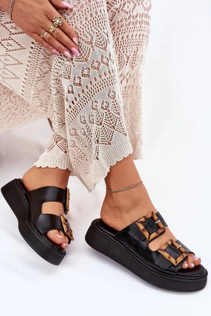 Boto Klapki Na Platformie|Klapki Damskie Klasyczne*Eko Skórzane Klapki Damskie Na Platformie Z Klamrami Czarne Xanivia