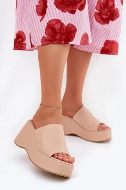 Online Boto Eko Skórzane Klapki Damskie Na Platformie I Koturnie Beżowe Kisoffi Beżowy