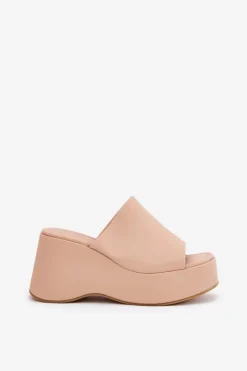 Online Boto Eko Skórzane Klapki Damskie Na Platformie I Koturnie Beżowe Kisoffi Beżowy