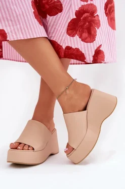 Online Boto Eko Skórzane Klapki Damskie Na Platformie I Koturnie Beżowe Kisoffi Beżowy