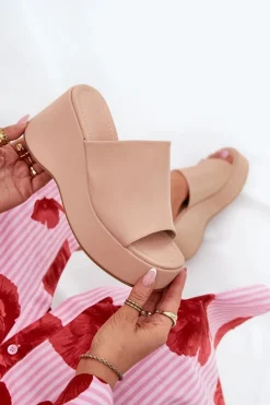 Online Boto Eko Skórzane Klapki Damskie Na Platformie I Koturnie Beżowe Kisoffi Beżowy