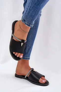 Damskie Boto Eko Skórzane Klapki Na Płaskim Obcasie Z Ozdobnym Paseczkiem Czarne Hirtewi