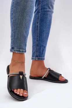 Damskie Boto Eko Skórzane Klapki Na Płaskim Obcasie Z Ozdobnym Paseczkiem Czarne Hirtewi