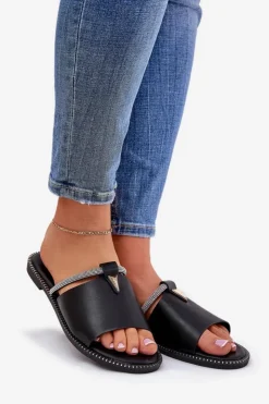 Damskie Boto Eko Skórzane Klapki Na Płaskim Obcasie Z Ozdobnym Paseczkiem Czarne Hirtewi