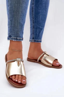 Sale Boto Eko Skórzane Klapki Na Płaskim Obcasie Z Ozdobnym Paseczkiem Złote Hirtewi