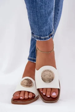 Boto Klapki Damskie Klasyczne*Eko Skórzane Klapki Na Płaskim Obcasie Z Ozdoba Białe Tatereia