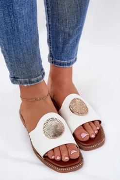 Boto Klapki Damskie Klasyczne*Eko Skórzane Klapki Na Płaskim Obcasie Z Ozdoba Białe Tatereia