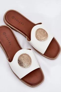 Boto Klapki Damskie Klasyczne*Eko Skórzane Klapki Na Płaskim Obcasie Z Ozdoba Białe Tatereia