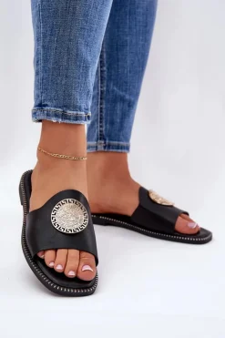 Damskie Boto Eko Skórzane Klapki Na Płaskim Obcasie Z Ozdoba Czarne Tatereia