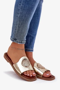 Damskie Boto Eko Skórzane Klapki Na Płaskim Obcasie Z Ozdoba Złote Tatereia