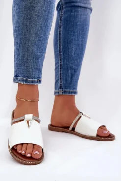 Boto Klapki Damskie Klasyczne*Eko Skórzane Klapki Na Płaskim Obcasie Z Ozdobnym Paseczkiem Białe Hirtewi