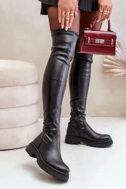 Boto Muszkieterki|Kozaki Za Kolano*Eko Skórzane Kozaki Za Kolano Na Płaskim Obcasie Czarne Santira