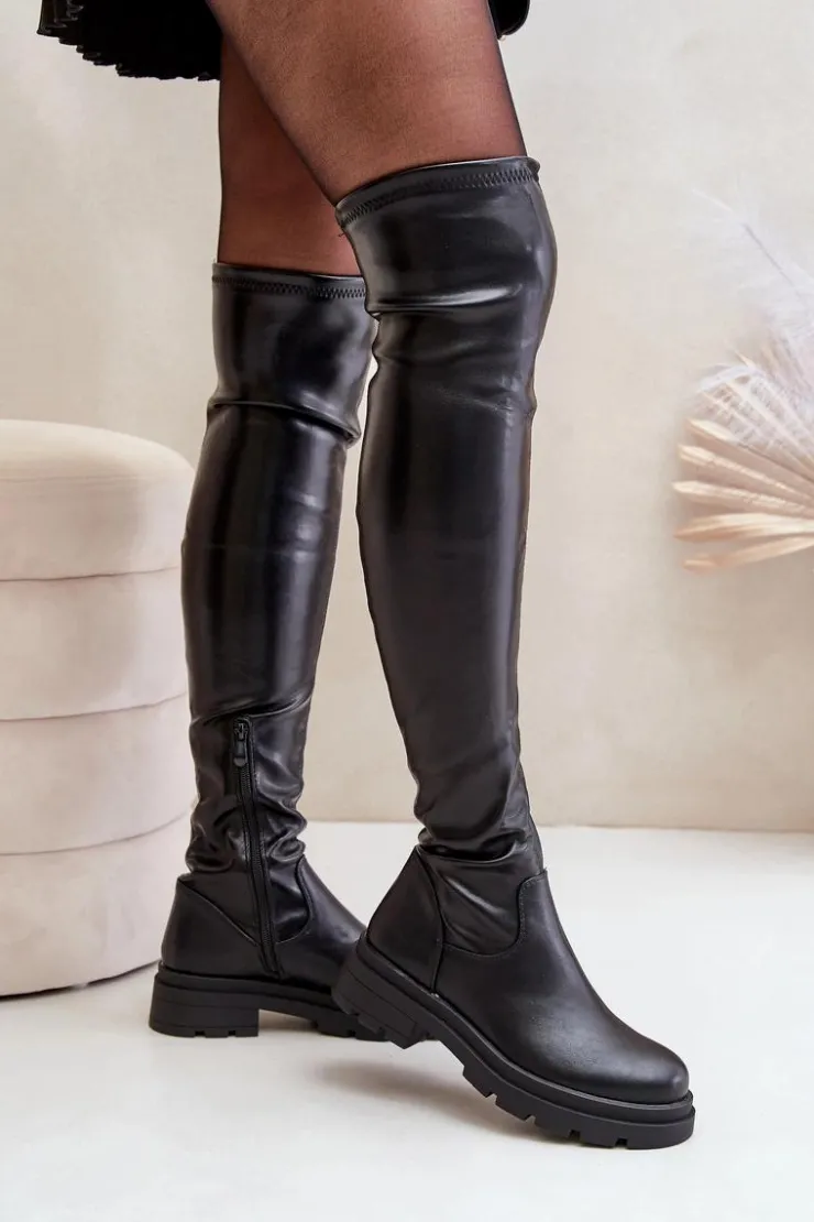 Boto Muszkieterki|Kozaki Za Kolano*Eko Skórzane Kozaki Za Kolano Na Płaskim Obcasie Czarne Santira