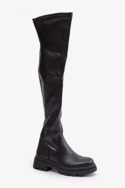 Boto Muszkieterki|Kozaki Za Kolano*Eko Skórzane Kozaki Za Kolano Na Płaskim Obcasie Czarne Santira