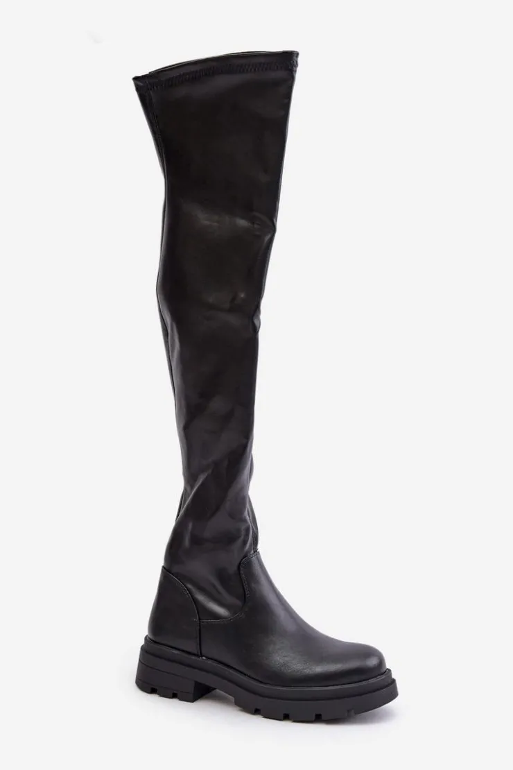 Boto Muszkieterki|Kozaki Za Kolano*Eko Skórzane Kozaki Za Kolano Na Płaskim Obcasie Czarne Santira