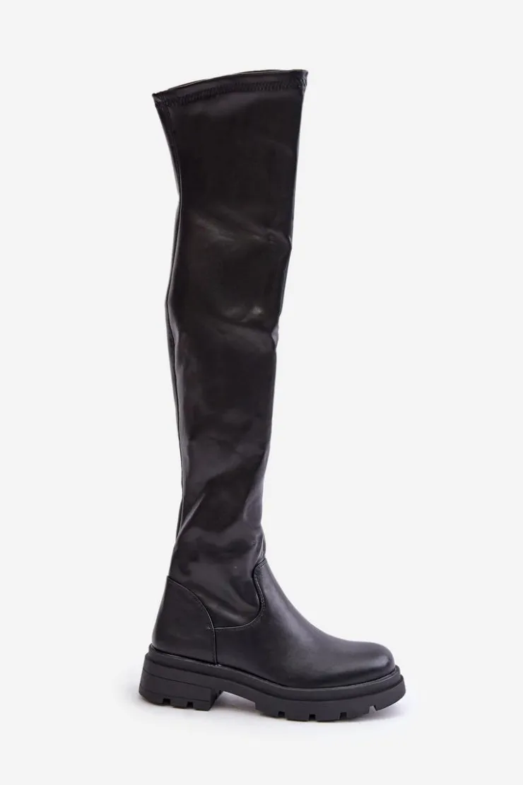Boto Muszkieterki|Kozaki Za Kolano*Eko Skórzane Kozaki Za Kolano Na Płaskim Obcasie Czarne Santira