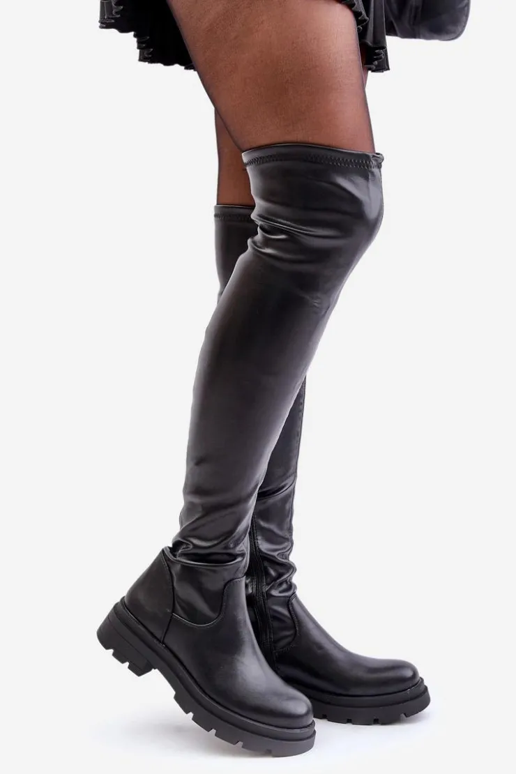 Boto Muszkieterki|Kozaki Za Kolano*Eko Skórzane Kozaki Za Kolano Na Płaskim Obcasie Czarne Santira
