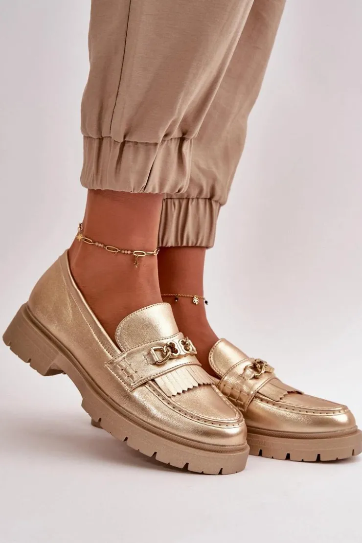 Boto Mokasyny Damskie Skórzane*Eko Skórzane Mokasyny Damskie Z Ozdobą Złote Zanita