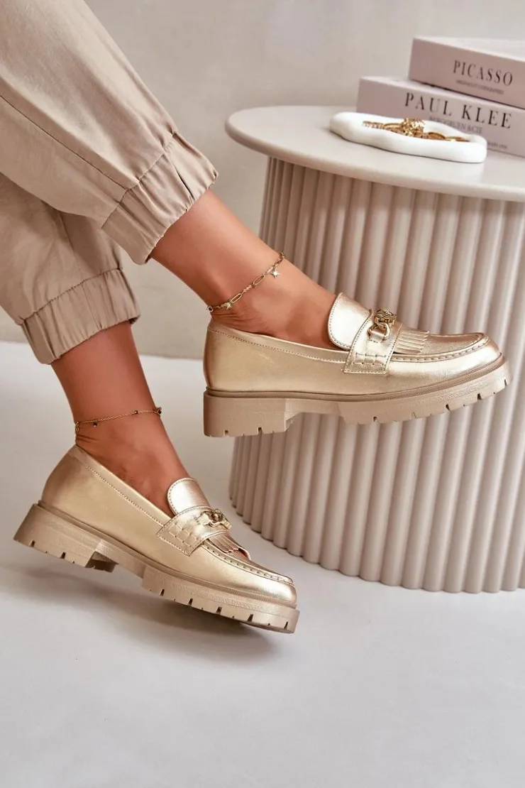 Boto Mokasyny Damskie Skórzane*Eko Skórzane Mokasyny Damskie Z Ozdobą Złote Zanita