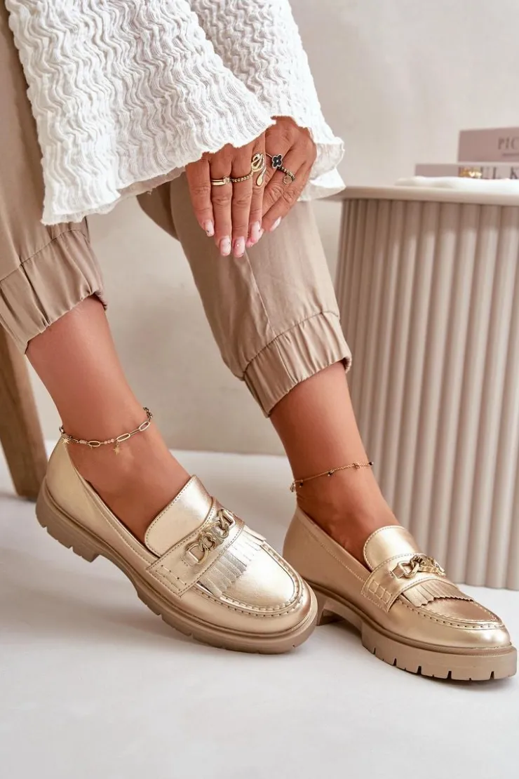 Boto Mokasyny Damskie Skórzane*Eko Skórzane Mokasyny Damskie Z Ozdobą Złote Zanita