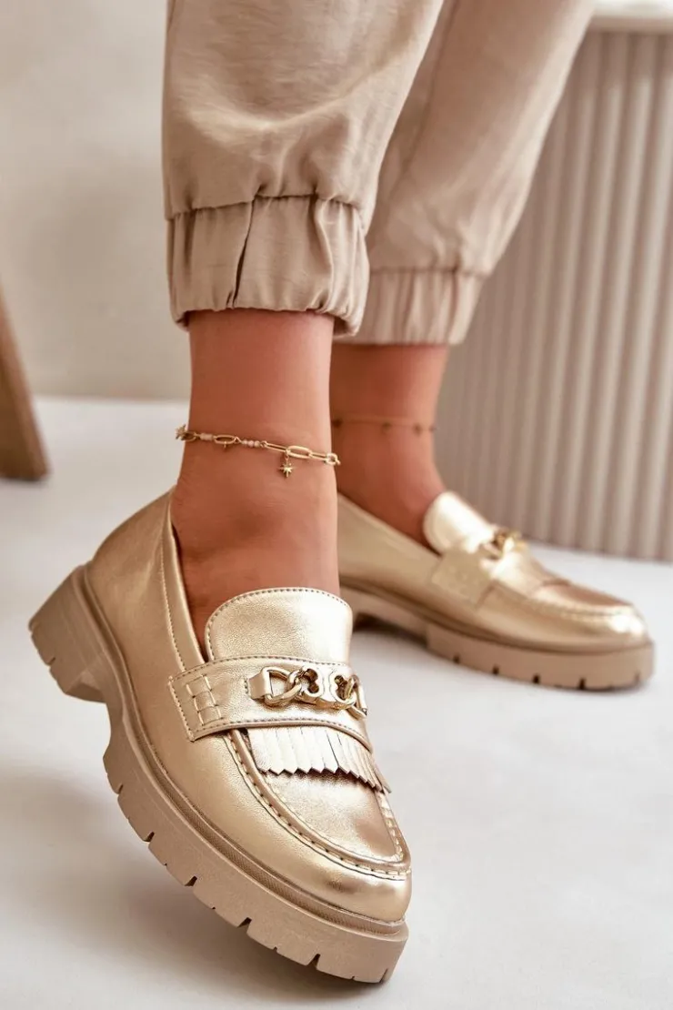 Boto Mokasyny Damskie Skórzane*Eko Skórzane Mokasyny Damskie Z Ozdobą Złote Zanita