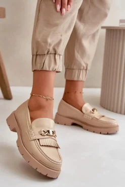 Hot Boto Eko Skórzane Mokasyny Damskie Ze Złotą Ozdobą Beżowe Zanita