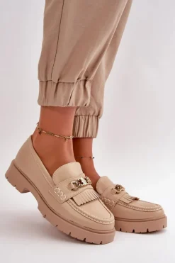 Hot Boto Eko Skórzane Mokasyny Damskie Ze Złotą Ozdobą Beżowe Zanita