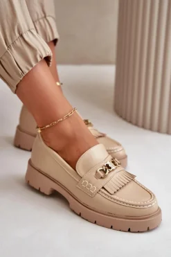 Hot Boto Eko Skórzane Mokasyny Damskie Ze Złotą Ozdobą Beżowe Zanita