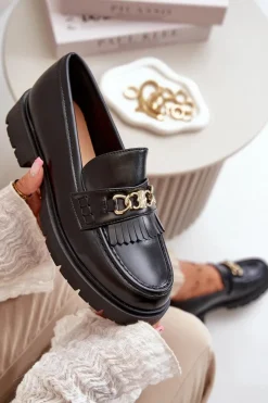 Damskie Boto Eko Skórzane Mokasyny Damskie Ze Złotą Ozdobą Czarne Zanita