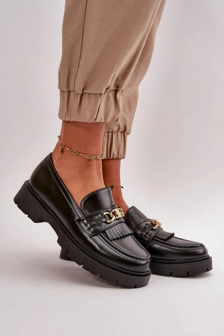 Damskie Boto Eko Skórzane Mokasyny Damskie Ze Złotą Ozdobą Czarne Zanita